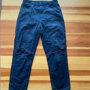 American Eagle black, mom straight jeans with rips at the knees, size 8